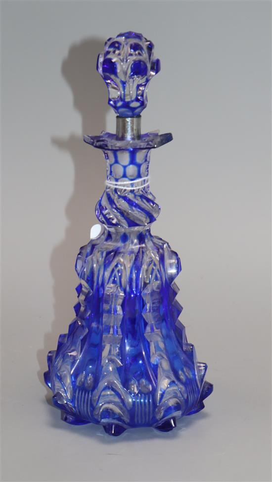 A 19th century Bohemian blue flash cut perfume bottle and stopper height 23cm